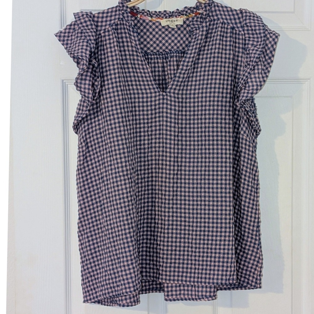 Umgee USA Blue Pink‎ Gingham Flutter Sleeve Ruffle Neck Blouse Top Boho Small